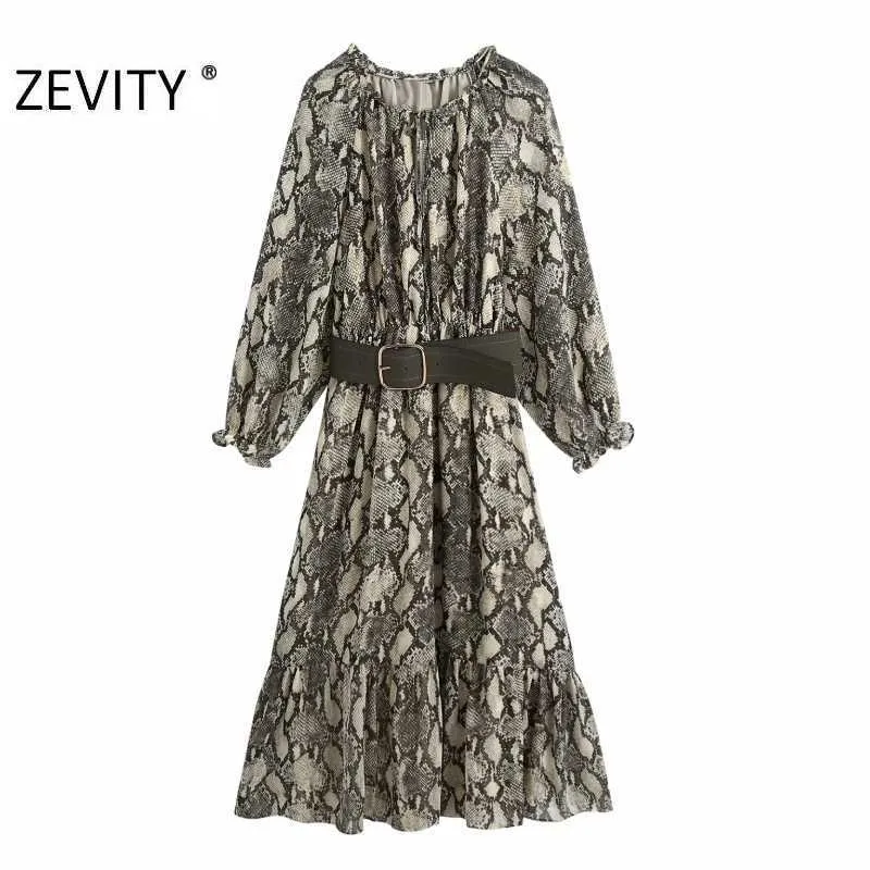 Zevity Women Vintage Snake Skin Print Sashes Midi Klänning Kvinna Animal Texture Pläterade Ruffles Kimono Vestido Chic Dresses DS4474 210603