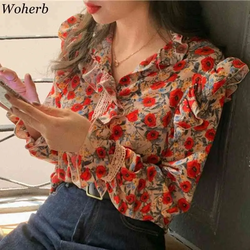 Ruffles V Neck Long Sleeve Blouse Female Floral Print Lace Design Loose Shirts Women Vintage Fashion Korean 91557 210519