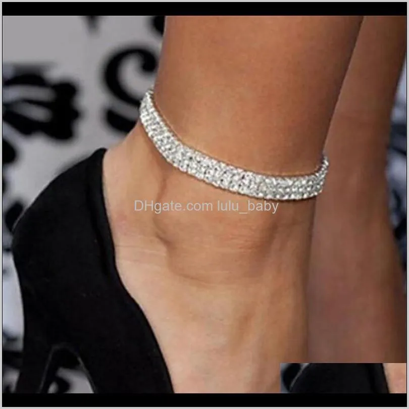 Anklets en gros cristal strass tennis chain Chaîne de cheville bracelet sexy femme été plage bijoux de sable 3 rangées m5dop ai9te