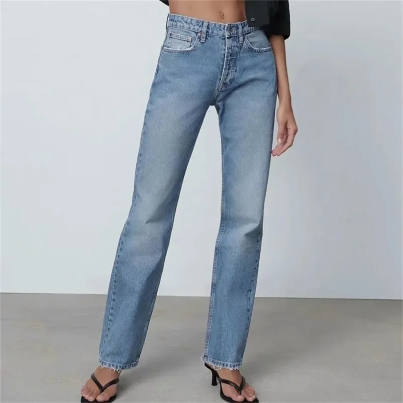 ZA women Light Blue boyfriend straight Leg Jeans Washed full length Mid waist Mom denim pants pocket versatile Trousers 211111