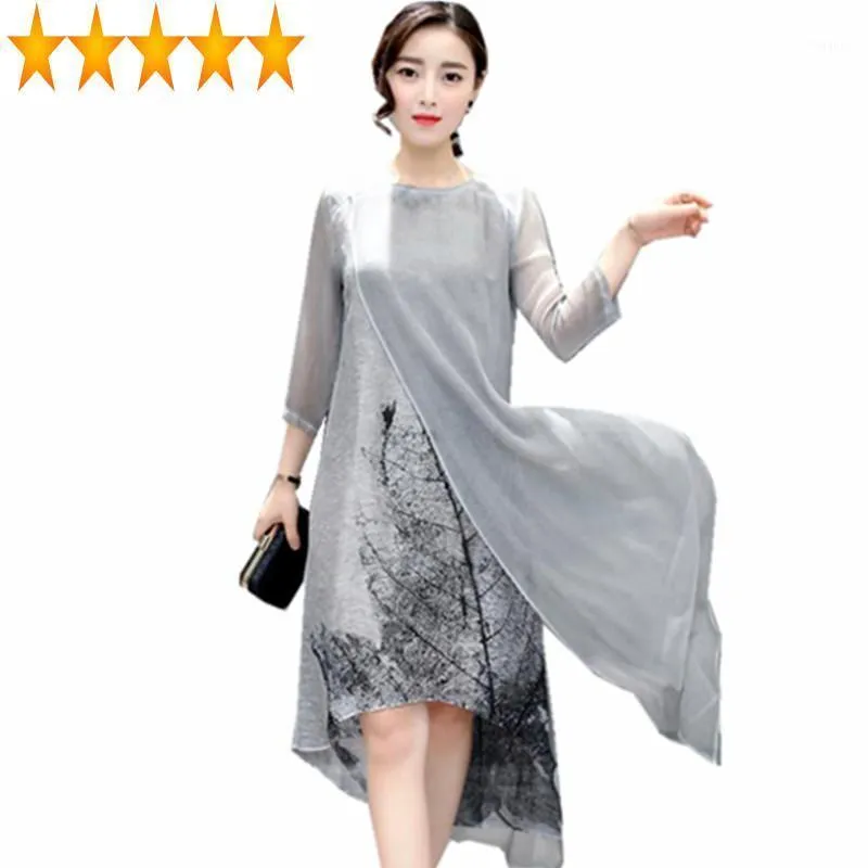 Silk Fashion 2021 Vintage Print Floral Dress Female Elegant O-Neck Long Summer Dresses Loose Casual Grey Vestidos WXF745