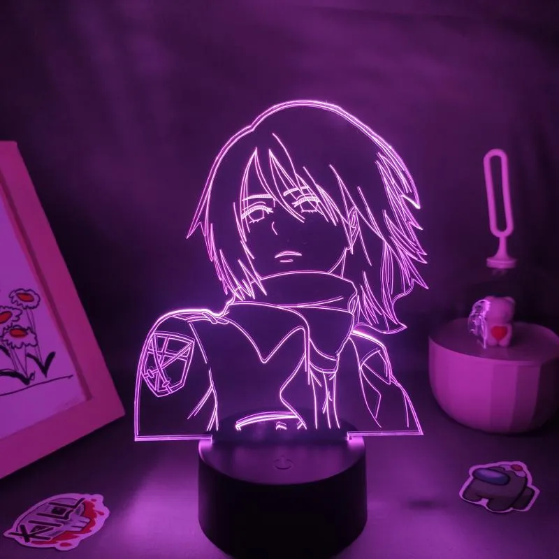 Nattljus 3d lava lampa manga mikasa ackerman attack på titan anime figurer ledd rgb neon batteri sovrum bord dekor hem