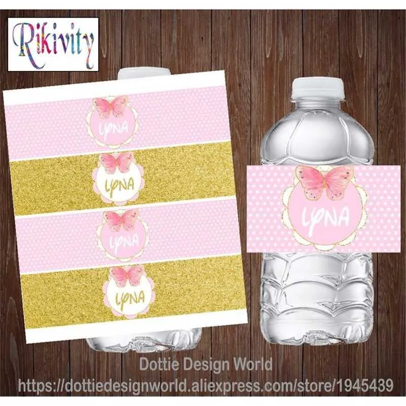 Custom Princess Butterfly Pink Polka Dots Bottiglia d'acqua in oro Etichette per vino Candy Bar Wrapper Baby Shower Birthday Party Decoration 211122