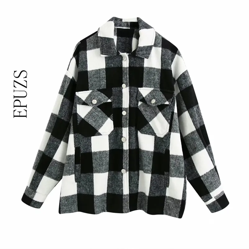 Kvinnor Svart Plaid Jacka Vinterrock Casual Långärmad Tjocka lager Kvinnor Oversized Ladies Koreanska Outwear 210521