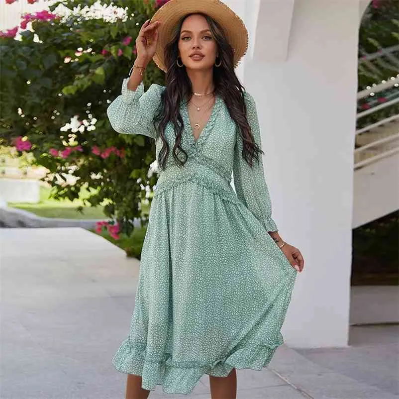 Foridol Leopard Print Green Long Chiffon Dress Women Elegant V Neck Ruffle Maxi Dress Casual Long Sleeve Spring Dress 210415