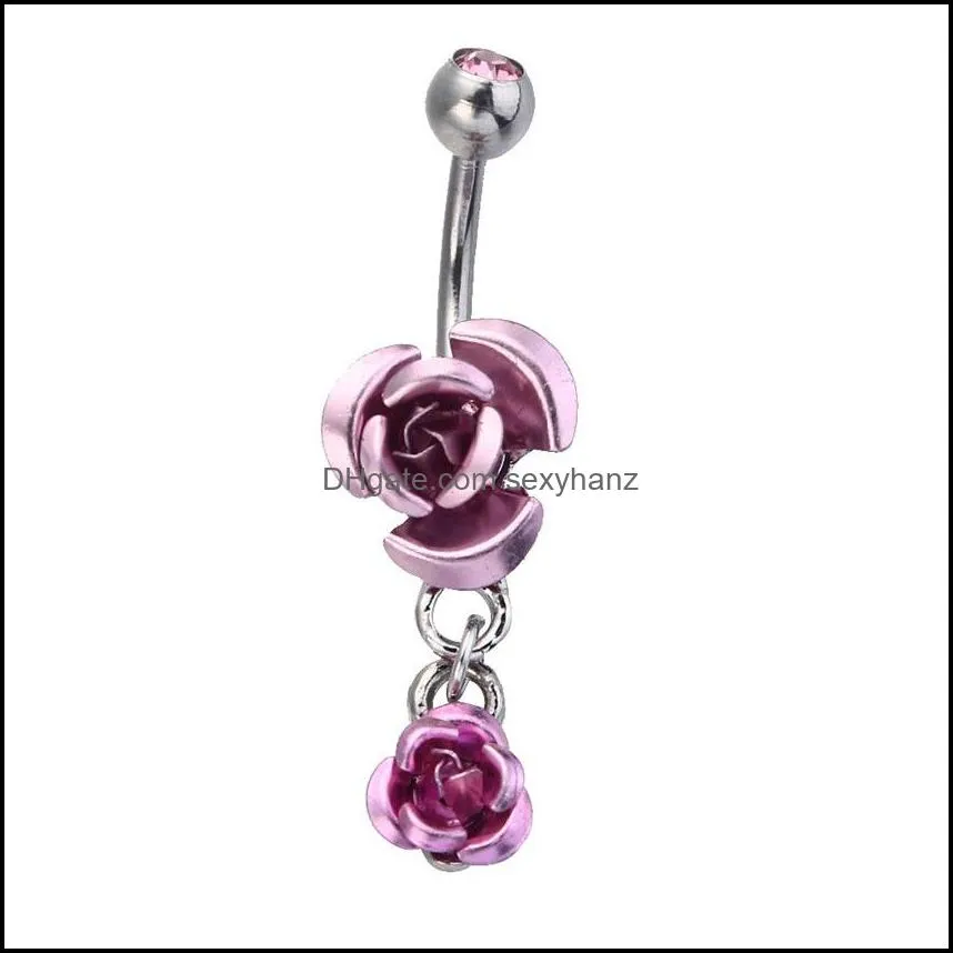 Stainless Steel Hypoallergenic belly button Rings Crystal Rose Flower Body Piercing bar Jewlery for women Bikini Fashion Navel Rings