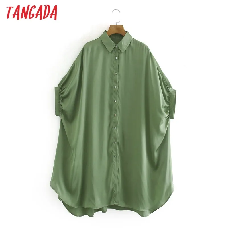 Femmes Rétro Surdimensionné Vert Satin Chemise En Mousseline De Soie Blouse À Manches Courtes Chic Femelle Tops XN253 210416