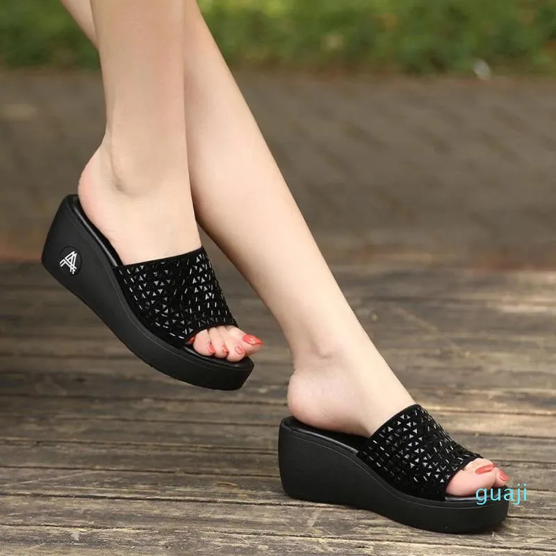 Kleid Schuhe Sandalen Mode Frauen Sommer Retro Plattform Slip-On Peep Wedges Zehen