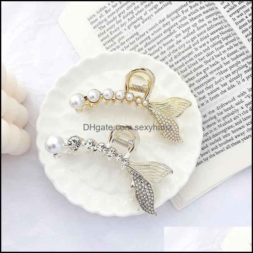 Korea Fish Tail Metal Pearl Clamps Alloy Women Scrunchies Diamond Hairpins Accessories Gold Silver Girls Gift Hair Clips Wholesale