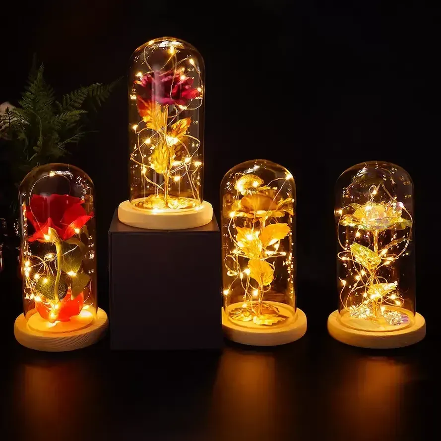 Romance Eternal Life Flower Glass Cover Beauty and Beast Rose LED Battery Lamp Birthday Valentine's Day present Mother Gifts WHT0228