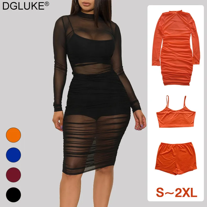 Sexy Black Mesh Dress Women Long Sleeve Ruched Bodycon Dress Plus Size Summer Midi Long Party Dress 3 Piece Set Outfits X0521