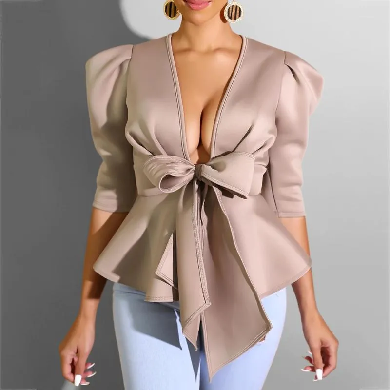 Blouses -shirts voor dames elegante dames shirt ruche sexy v nek bowknot designer clubkleding herfst 2021 plus size tops dames blouse kantoor fa