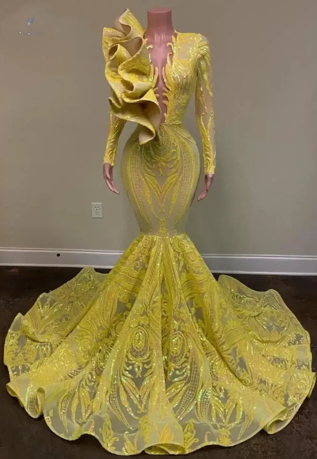 DHL longo vestidos de noite 2022 puro o-pescoço manga comprida amarelo lantejoula africano meninas negras de baile de baile festa de gala vestido longo dourado