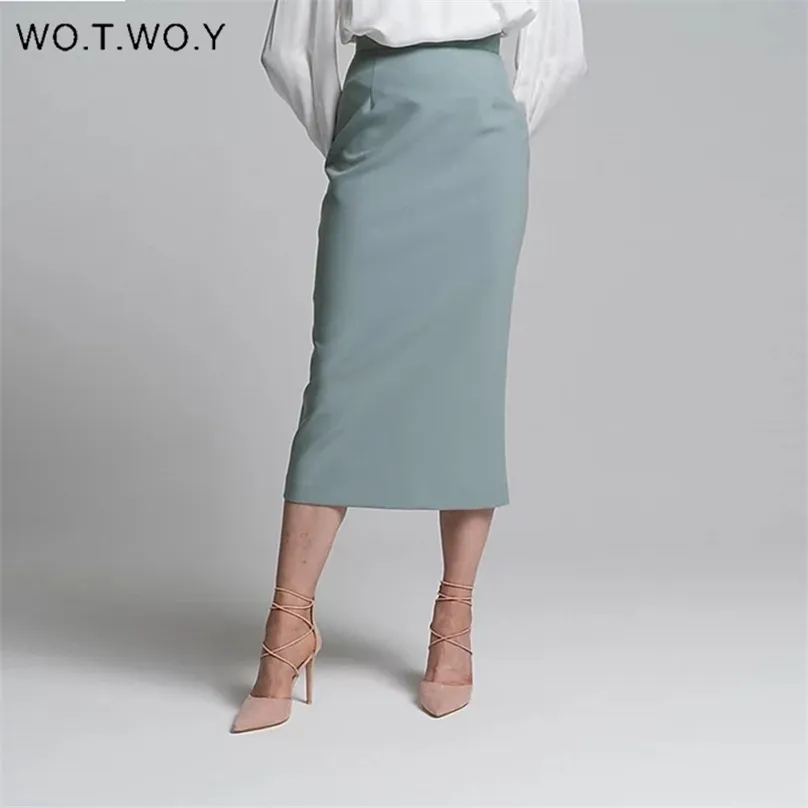 WOTWOY taille haute enveloppé jupes fendues femmes élégante jupe crayon solide femme slim fit fermeture éclair mi-mollet Faldas Mujer bureau dame 210629