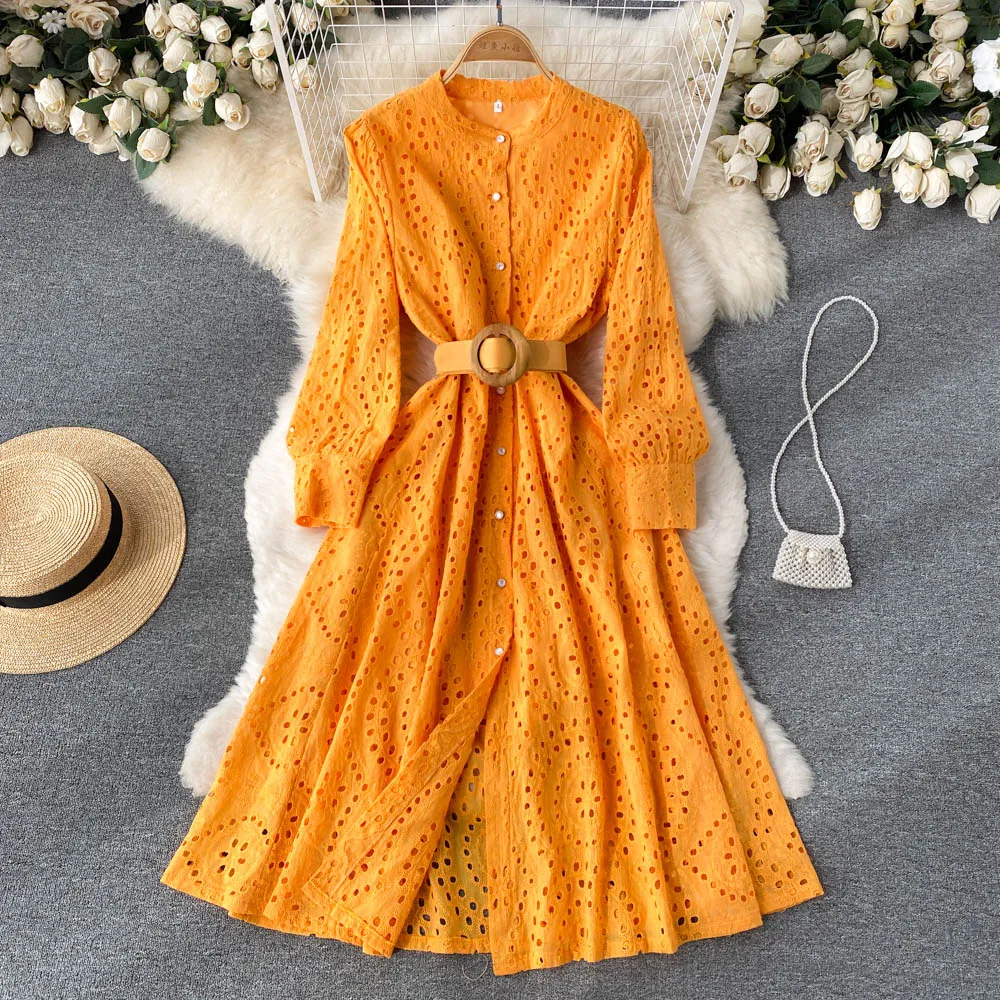Robe mi-longue Vintage à manches longues pour femmes, boutonnage simple, ajourée, couleur unie, ligne a, décontractée, vacances, printemps, 2022