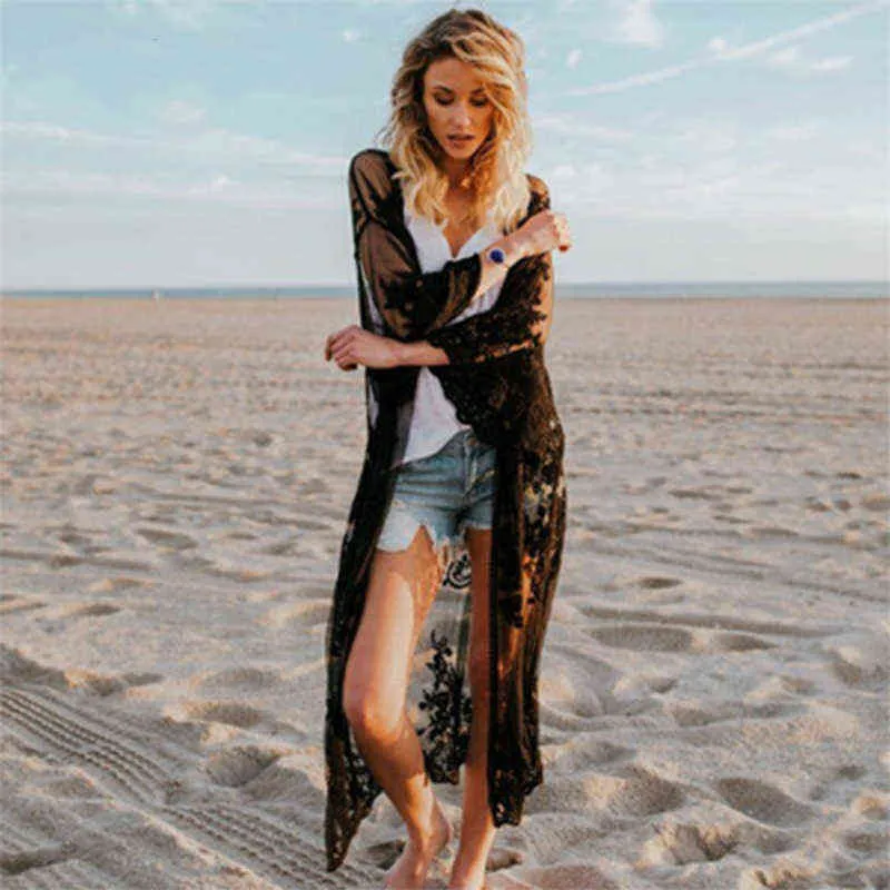 Women Summer Lace Beach Kimono Cardigan Feminino Embroidery Blouse Long Shirt Black White Camisa Feminina 2019 Tunic Outerwear H1230