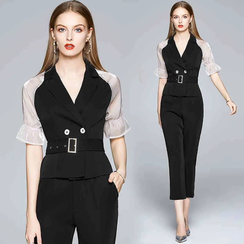 Office Summer Two Pieces Pant Suits Organza Sleeve Double-breasted Notched Jacket Top + Sashes Cropped Pants Female Suit Set 210416