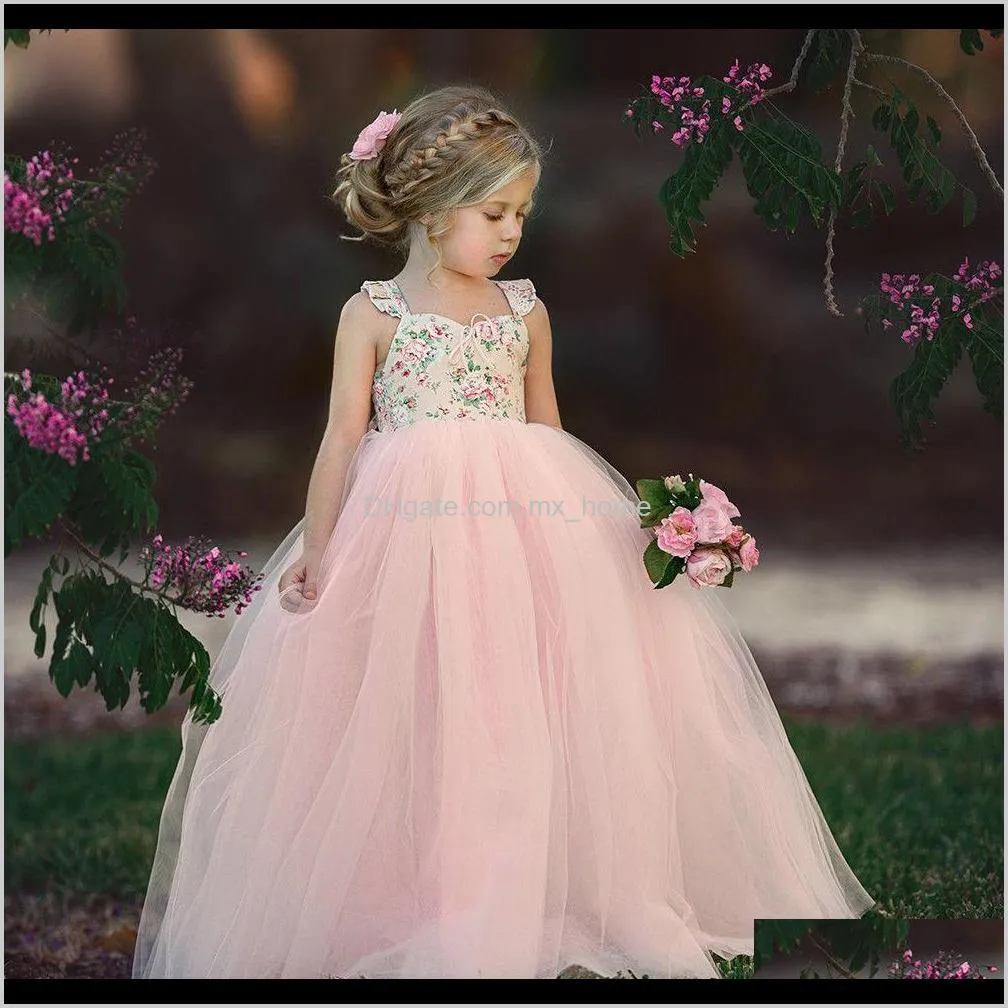 baby girls wedding dresses floor-length ball gown bridesmaid backless elastic tie bow lace 3d flower printed grenadine tutu princess