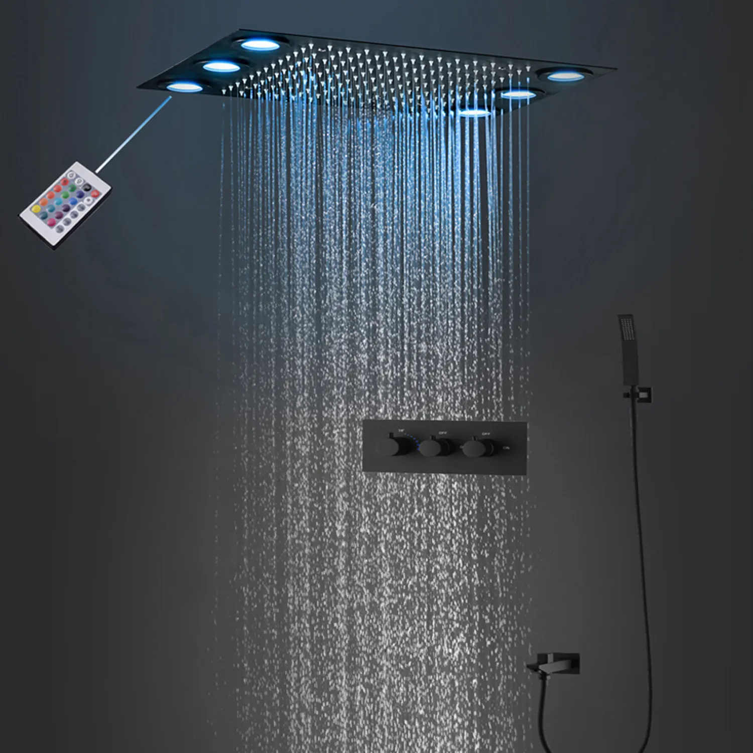 Modern Ceiling LED Shower Set Thermostatic Valve Mixer Diverter Faucets Black finished Rainfall ShowerHead System 20x14inch