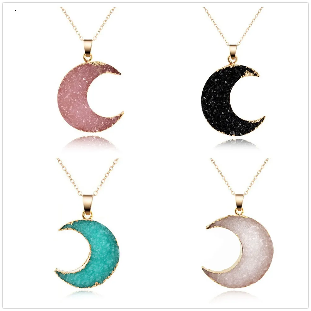 패션 5colors 달 Druzy Drusy 목걸이 골드 도금 기하학 가짜 자연 석재 수지 목걸이 여성 쥬얼리