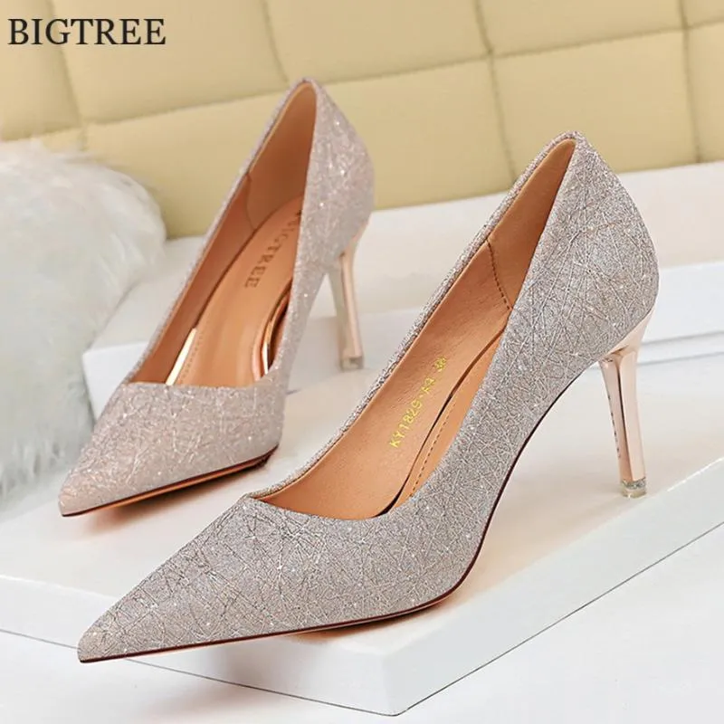 Dress Shoes BIGTREE 7.5/10.5cm High Heels Bling Women Pink Silver Office Ladies Bride Wedding Shoe Pointed Slip On Fashion Woman Pumps