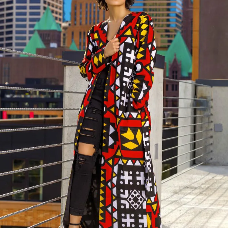 Kobiety Drukowane Maxi Płaszcz Cardigans Z Pasem Talii Długie Rękawy Afrykańska Moda Kobieta Dorywczo Jesień Spadek Trending Femme Nosić 210416