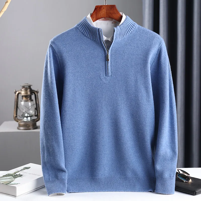 Ren cashmere tröja mens sticka stor storlek high-end topp 100% ull halv hals tjock pullover vinter ungdom vild varm