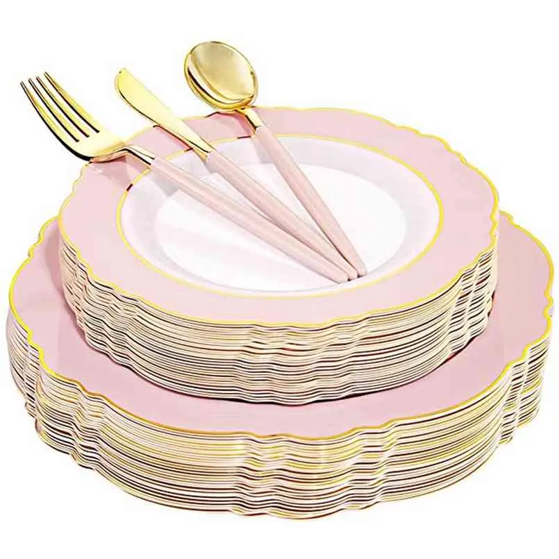 50 pièces vaisselle jetable rose vert assiette en plastique avec bord doré adapté aux fournitures de fête de fête des mères de mariage haut de gamme 210909