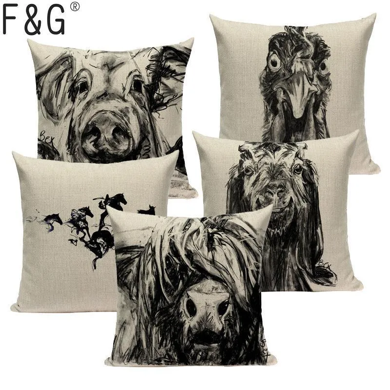 Almofada / Travesseiro Decorativo Série Animal Tecidos Fronha Preto Sofá Branco Decoração De Carro Linho Quadrado Cadeira Cadeira Impresso Coxim Capa capa