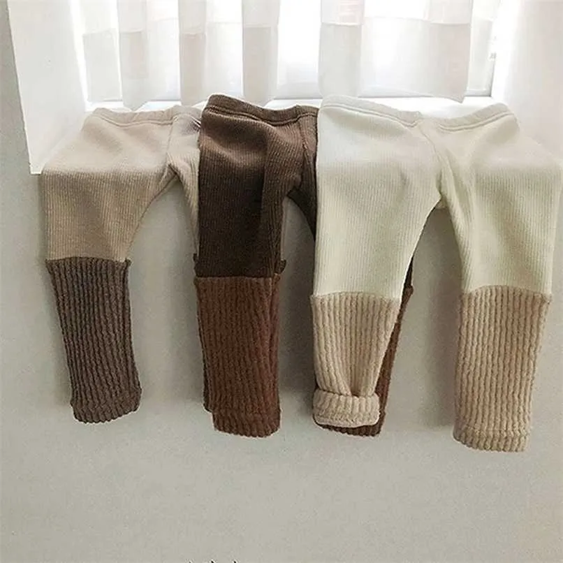 Korean Baby Cotton Velvet Leggings Autumn Winter Boys Girls Patchwork Thicken Warm Pants 211028