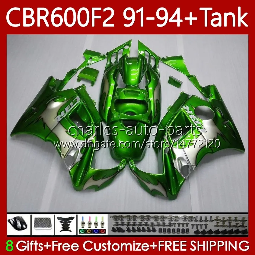 Body + Tank for Honda CBR 600F2 600 F2 CC 600FS 91 92 93 94 BodyWork 63NO.22 CBR600 FS CBR600F2 CBR600FS 1991 1992 1993 1994 CBR600-F2 600CC 91-94 Fairings Kit flames Green