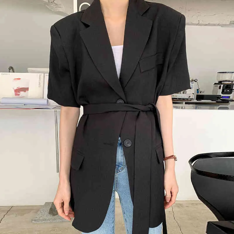 Tempérament minimaliste Daliy noir revers deux boutons ceintures taille à manches courtes costume manteau femmes bureau dame 16W1036 210510