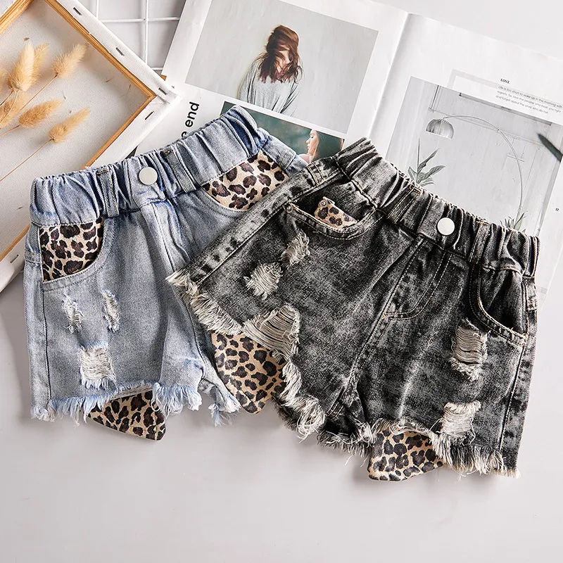 Venda Por Atacado Novo Coreano Ins Crianças Meninas Leopardo Denim Shorts Meninas Primavera Princesa Princesa Lace Jeans Calças Calças 1871 Y2