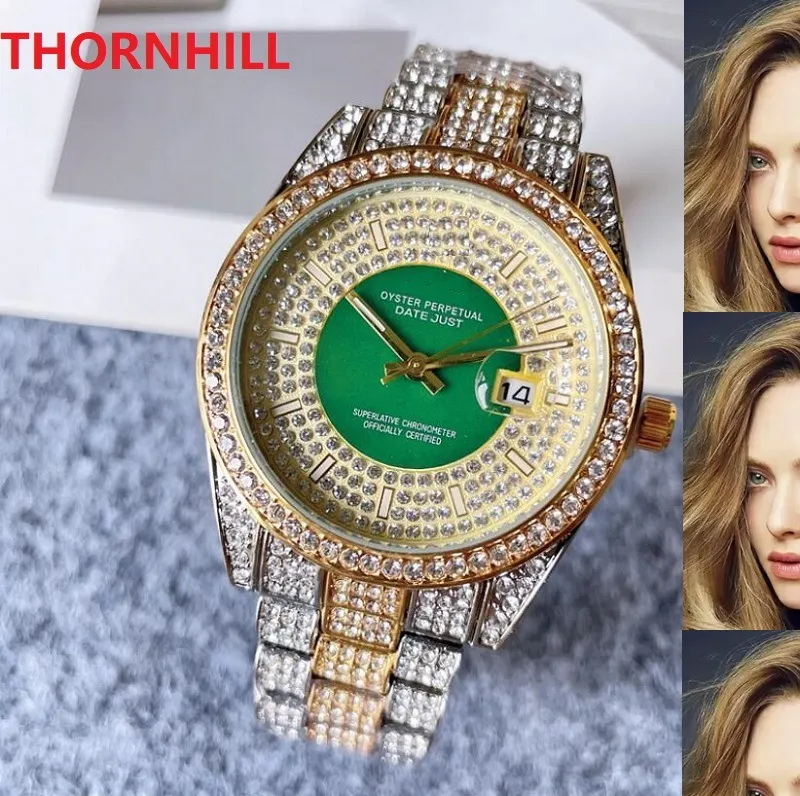 Klasik Rhinestone Çelik Tasarımcı İzle 40mm Lüks Moda Kristal Elmaslar Halka Dial Saatler Kadın Adam Kuvars Saat Kronometre