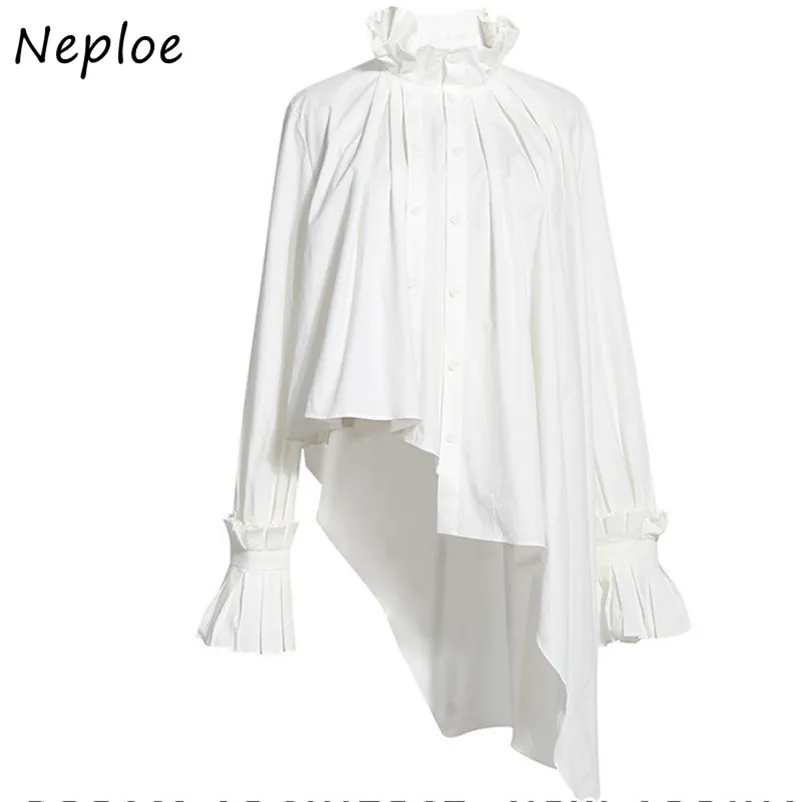 French Style Irregular Pleated Women Blouse Autumn Stand Collar Double Breasted Shirt Fashion Vintage Femme Blusas 210422