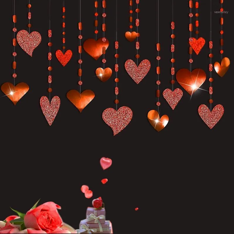 Décoration de fête 16pcs Glitter Cœur rouge Guirlande Décorations de guirlande suspendue Streamer bannière String de toile de fond pour la Saint Valentin Mariage