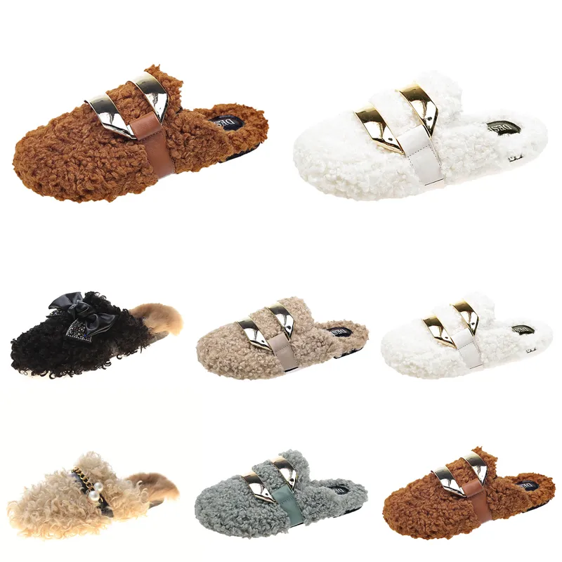 Höst Vinter Kvinnor Tofflor Metallkedja All Inclusive Wool Slipper för Kvinnor Trippel Svart Vit Ytter Slitage Plus Big Szie Muller Half Drag Skor EUR 35-40