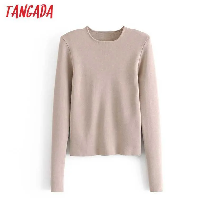 Tangada Women Fashion Elegant Shoulder Pads Knitted Sweater Jumper O Neck Female Pullovers Chic Tops SW19 210609