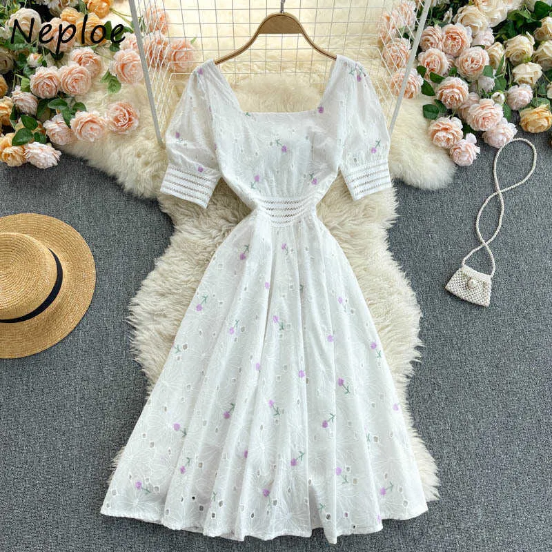 Neploe Heavy Work Flower Embroidery Holiday Dress Women High Waist Hip A Line Slim Vestdios Sqaure Collar Short Sleeve Robe Y0823