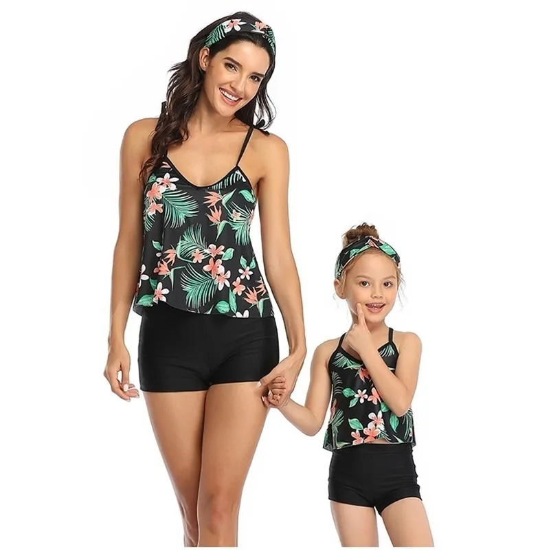 Print Flower Summer Bikini Bathing Swimsuits Mother Daughter Swimwear Family Matching Clothes High Waist Swimming Suit 210521