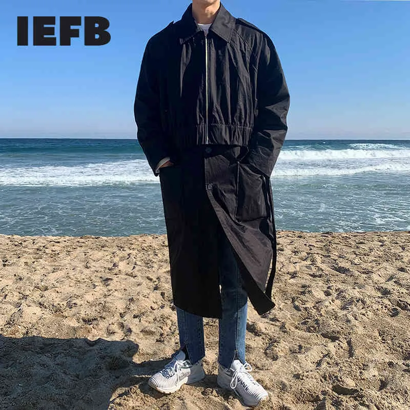 IEFB Men's Fake Two Pieces Medium Long Windbreaker Spring Korean Fashion Zipper Elastic Patchwrok Trench Coat 9Y5912 210524