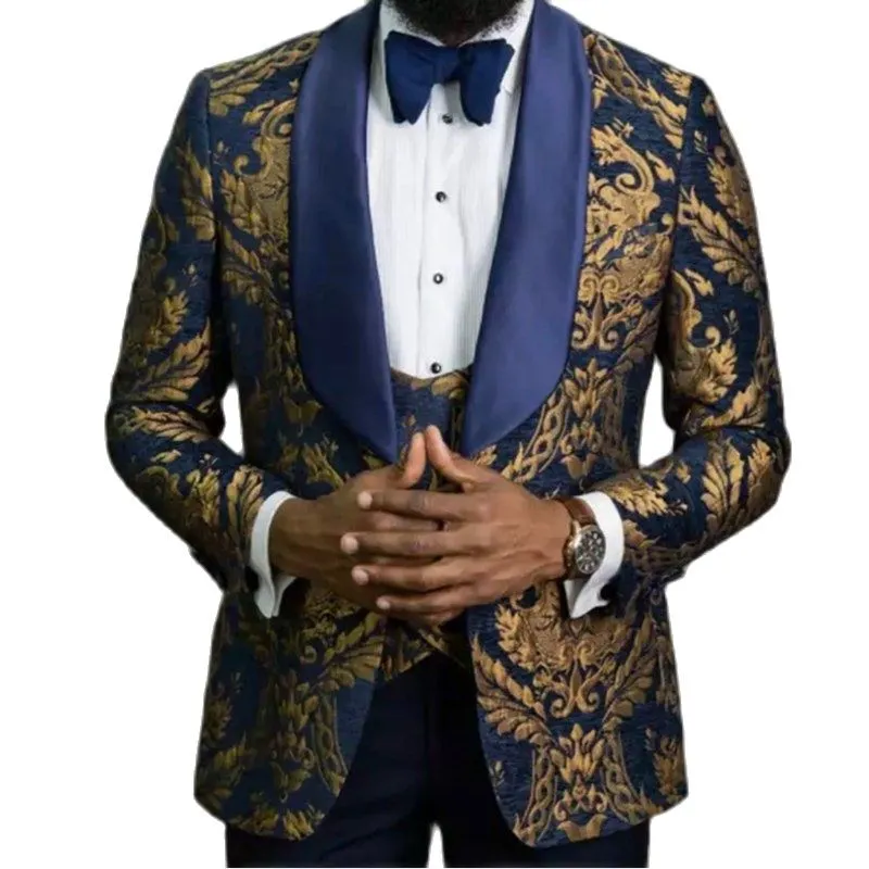 Przystojny Navy ze złotym Paisley Groom Tuxedos Męska Sukienka Wieczorowa Dress Gospodyni Party Blazer Ubrania (Kurtka + Spodnie + Kamizelka + Krawat) No: 088