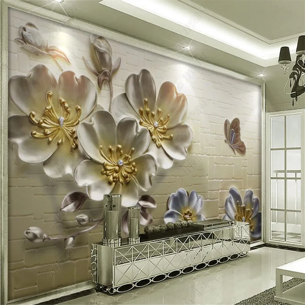 Modern 3d wallpaper minimalist resin flower embossed background wall decorative painting