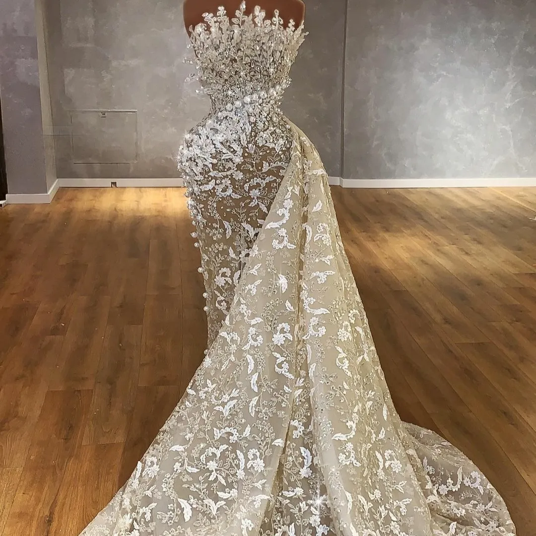 2021 Straplez Mermaid Abiye Overkirt Boncuk Sequins Ile Dantel Aplike Balo Parti Abiye Lüks Vestido De Novia