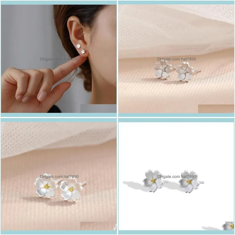 S925 women`s Japanese Korean fashion plain silver Cherry Blossom Earrings beautiful and  Silver Gold Flower