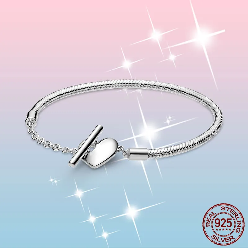 Femme Armband 925 Sterling Silver Moments Heart T-Bar Snake Chain Armband för Kvinnor Fine Smycken Present Pulseira Med Originalkartong