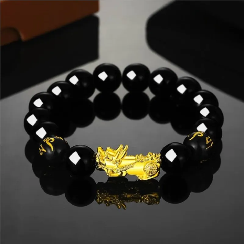 Good Luck Wealth Jewelry Black Obsidian Beads PiXiu Bracelet Six Words Feng Shui Prosperity Pi Xiu Bracelets