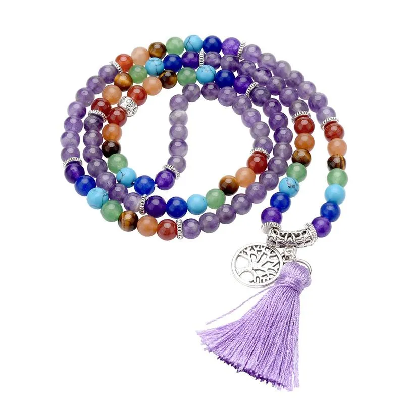 Ayliss 1pc Est 6mm Natural 7 Chakra Healing Crystal Gem Stone Buddhist Prayer 108 Beads Tibetan Mala Bracelet Necklace Tassel Beaded, Strand