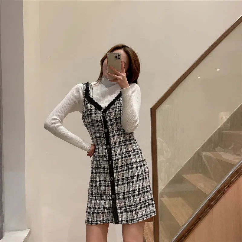 Black White Plaid Tweed Pinafore Mini Dress Sleeveless Vintage A Line Casual for Women 2024