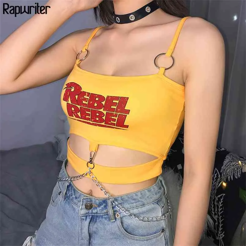 Gothic Hollow Out Crop Top Vrouwen Camisole Brief Print Metalen Ketting Sexy Dames Tops Zomer Streetwear Woman Doek 210510